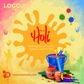 creative illustration of holi festival elements on watercolor background with gulal pot, pichkari, color splash suitable for Royalty Free Stock Photo