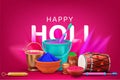 holi festival colorful background design with illustration of holi color bucket, dholak, gulal in pots, pichkari, drink Royalty Free Stock Photo