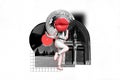 Creative illustration image collage dancing young girl huge lips instead head clubber vinyl retro party vintage building