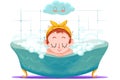 Creative Illustration and Innovative Art: Small Girl is Taking a Happy Bath in the Tub. Royalty Free Stock Photo
