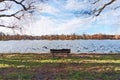 Creative Illustration - Lone Park Bench in Front of a River - Oil Painting Royalty Free Stock Photo