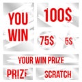 Creative illustration of lottery scratch and win game card isolated on background. Coupon luck or lose chance. Art design ripped