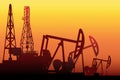 Creative illustration of oil pump industry silhouette, field pumpjack, rig drill over sunset  on background. Art design Royalty Free Stock Photo