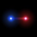 Creative illustration of police car silhouette headlights, blinking isolated on background. Glowing headlamp. Red, blue siren