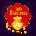 Creative illustration, poster or banner with decorated pot filled with gold coins of Happy dhanteras, diwali festival