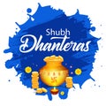 Creative illustration, poster or banner with decorated pot filled with gold coins of Happy dhanteras, diwali festival