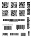 Creative illustration of QR codes, packaging labels, bar code on stickers. Identification product scan data in shop. Art design.