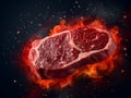 Creative illustration of raw fresh meat Ribeye steak entrecote of Black Angus Prime meat . Raw meat flying in fire in space, steak