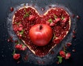 creative illustration of a ripe red pomegranate seed heart, decorated with flowers on a dark background. Generative AI