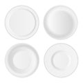 Creative illustration set of 3D white round realistic plate dish isolated on background. Art design porcelain soup empty utensil, Royalty Free Stock Photo