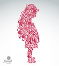 Creative illustration of a shy girl with a long hair. Cute teenage girl wearing a flower-patterned dress. Graphic vector