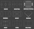 Creative illustration of sport game fields marking isolated on black background. Graphic element for handball, tennis Royalty Free Stock Photo