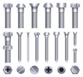 Creative illustration of steel brass bolts, metal screws, iron nails, rivets, washers, nuts hardware side view isolated on