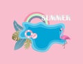 Creative illustration summer background concept with pond, flamingo bird, leaves