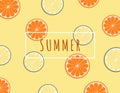 Creative illustration summer background with tropical fruits orange and lime