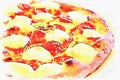 Creative illustration in vintage watercolor design - Pizza Margherita with Mozzarella cheese, basil and tomatoes