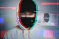 Creative image with anonymous hacker with glitch and interference effects