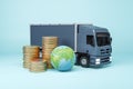 Creative image with blue transportation truck, globe and stacked coins on light background. Delivery and logistics crisis. 3D