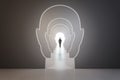 Creative image of businessman walking through head outline corridor. Thinking, solution and answer search concept