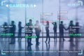 Creative image of businesspeople in blurry office interior with camera cctv facial recognition interface. Biometric scanning and Royalty Free Stock Photo