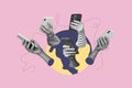 Creative image collage human hands holding smartphones digital era devices social network addicted users drawing Royalty Free Stock Photo