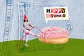 Creative image collage picture postcard happy birthday greeting cheerful young girl standing huge sweet donut bakery