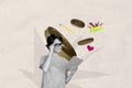 Creative image collage picture pretty smart girl eyewear golden coins trader cryptocurrency stationery copybook reader Royalty Free Stock Photo