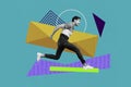 Creative image collage young energetic running excited man carry letter envelop correspondence message sms reply drawing