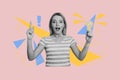 Creative image collage young woman eureka lightbulb lamp electric power idea strategy smart solution decision diligent