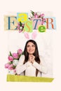 Creative image easter invitation collage of funny lady look up advertising season shopping sale floral presents