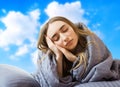 Creative image: Girl woman in bed after sleep at the sky background , sleep female, stay at home concept, coronavirus