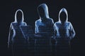 Creative image of a group of hackers in hoodies standing on abstract dark coding background. Malware, phishing and theft concept.