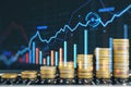 Creative image of growing coin stacks and candlestick forex chart on blurry background. Trade, money and financial growth concept Royalty Free Stock Photo