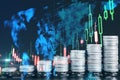 Creative image of growing coin stacks, map and candlestick forex chart on blurry background. Trade, money and financial growth Royalty Free Stock Photo