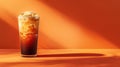 Creative image of an iced coffee drink against an orange background on a wood table