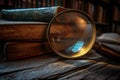 A creative image of a magnifier glass casting a focused beam of light onto a pile of vintage books