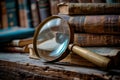 A creative image of a magnifier glass casting a focused beam of light onto a pile of vintage books