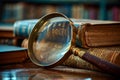 A creative image of a magnifier glass casting a focused beam of light onto a pile of vintage books