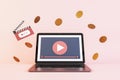 Creative image of paid online movie theater concept with laptop and dollar coins on pink background.