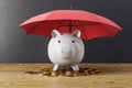 Creative image of pink piggy bank under blue umbrella on concrete wall background and wooden flooring. Royalty Free Stock Photo