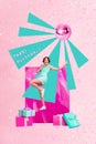 Creative image poster collage of overjoyed cheerful lady have fun dance celebrate birthday isolated on drawing