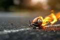 Creative image showcasing a snail with tiny wheels and trailing flames, evoking speed Royalty Free Stock Photo