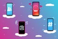 Creative image of smartphones in the style of the most popular media Smartphones on white clouds with famous symbols. EPS10 Royalty Free Stock Photo