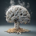 Creative image of a smoker's smoking gray brain with cigarettes, on a gray background