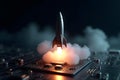 Creative image of tiny rocket with massive smoke launched from the micro chip,modern technology concept Royalty Free Stock Photo