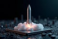Creative image of tiny rocket with massive smoke launched from the micro chip,modern technology concept Royalty Free Stock Photo