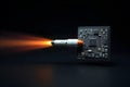 Creative image of tiny rocket with massive smoke launched from the micro chip,modern technology concept Royalty Free Stock Photo