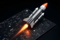 Creative image of tiny rocket with massive smoke launched from the micro chip,modern technology concept Royalty Free Stock Photo