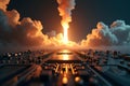 Creative image of tiny rocket with massive smoke launched from the micro chip,modern technology concept Royalty Free Stock Photo