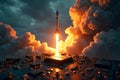 Creative image of tiny rocket with massive smoke launched from the micro chip,modern technology concept Royalty Free Stock Photo